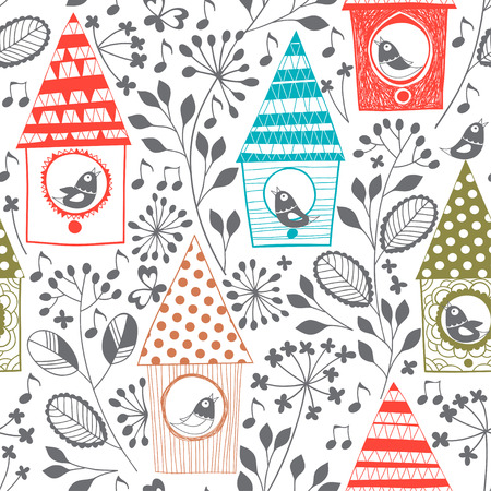 Spring seamless pattern with birds, floral and birdhouses.のイラスト素材