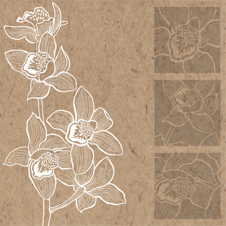 Floral background with orchids on kraft paper. Can be greeting card, invitation, design element.のイラスト素材