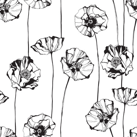Black and white seamless pattern with poppies. Hand-drawn floral background. Vector illustration.のイラスト素材