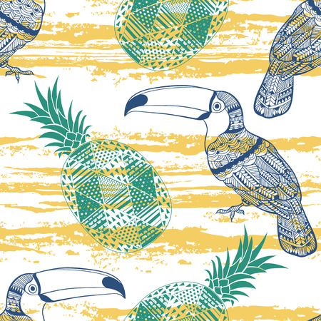 Seamless pattern with toucans and pineapples. Colorful tropical background.のイラスト素材