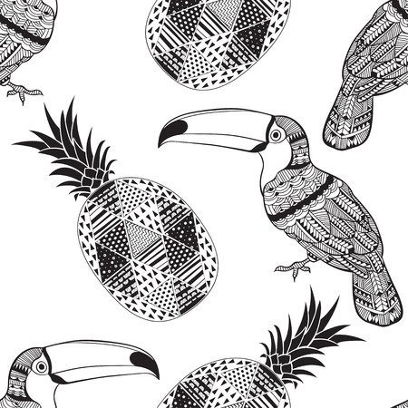 Seamless pattern with toucans and pineapples. Black and white doodle background.のイラスト素材