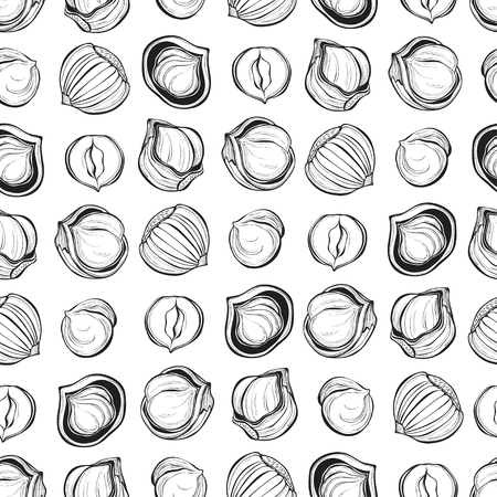 Hazelnuts. Seamless pattern. Outline illustration.のイラスト素材