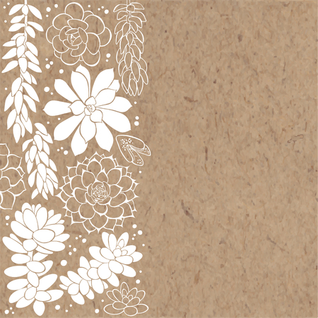 Hand-drawn background with succulents and space for text on craft paper.のイラスト素材
