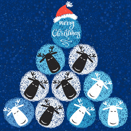 Christmas card with stylized New Year tree of cute reindeers. illustration.のイラスト素材