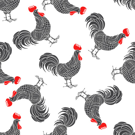 Seamless pattern with rooster silhouette on a white background. Rooster- animal symbol of new year 2017.のイラスト素材
