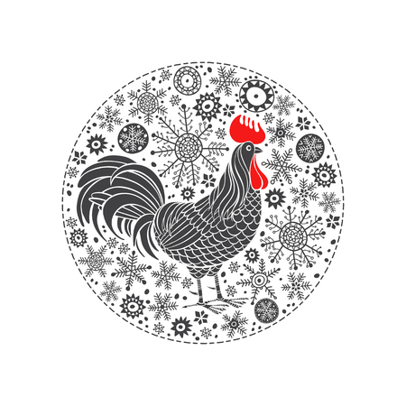 Rooster and snowflakes. Rooster- animal symbol of new year 2017. illustration in the circle, isolated element for design.のイラスト素材