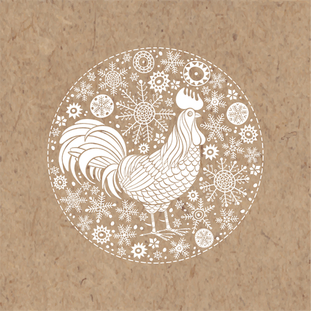 Rooster and snowflakes. Rooster- animal symbol of new year 2017. illustration in the circle on paper, isolated element for design.のイラスト素材