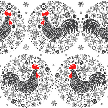Seamless pattern with rooster silhouette and snowflakes on a white background. Rooster- animal symbol of new year 2017.のイラスト素材