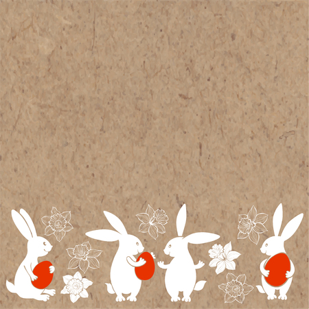 Easter bunnies and spring flowers daffodils. Vector illustration on kraft background with space for text. Greeting card, invitation or isolated elements for design.のイラスト素材