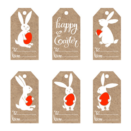 Happy Easter! Set of vector tags with cute Easter bunny on kraft paper.のイラスト素材