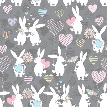 Cute bunnies with multicolored love hearts. Seamless vector pattern. Valentine's day or wedding background.のイラスト素材