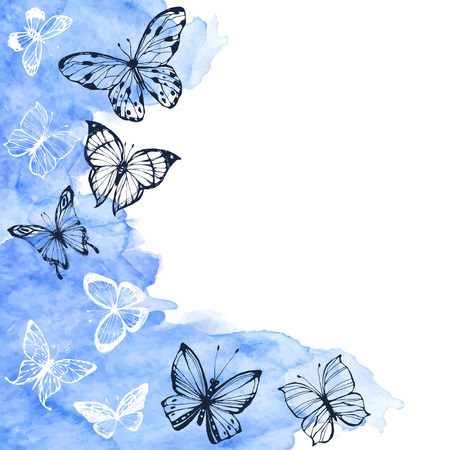 Sketch illustration with space for text, invitation or greeting card. Vector background with hand drawn butterflies and blue watercolor element..のイラスト素材