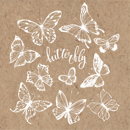 Set of Butterflies.Isolated hand-drawn elements on Kraft paper.のイラスト素材