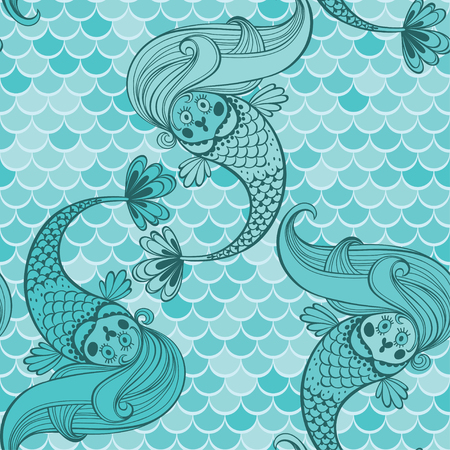 Pattern with cute mermaids. Monochrome vector background.のイラスト素材