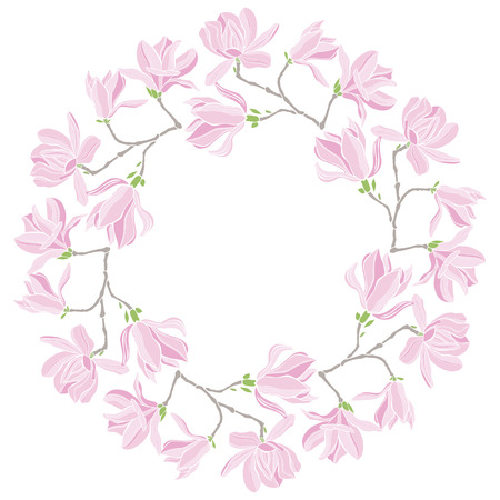 Flower round frame with magnolias. Spring wreath. Vector illustration with space for text.のイラスト素材