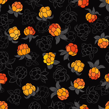 Seamless vector pattern with cloudberry on a black background.のイラスト素材