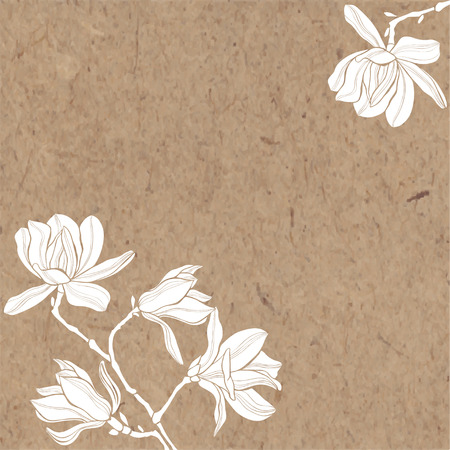 Floral vector background with magnolia. Silhouettes of flowers on kraft paper. Invitation or greeting card.のイラスト素材