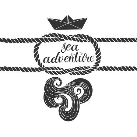 Sea adventure. Black and white vector illustration with the elements on the marine theme.のイラスト素材