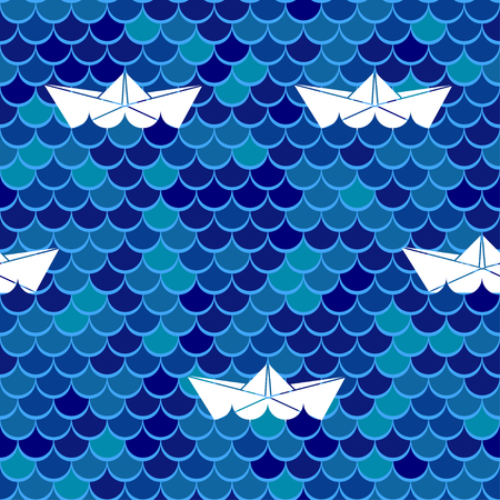 Marine seamless background. Sea wavy and paper boats. Vector illustration.のイラスト素材
