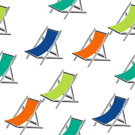 Seamless pattern with colorful beach chaise. Vector illustration on white background.のイラスト素材