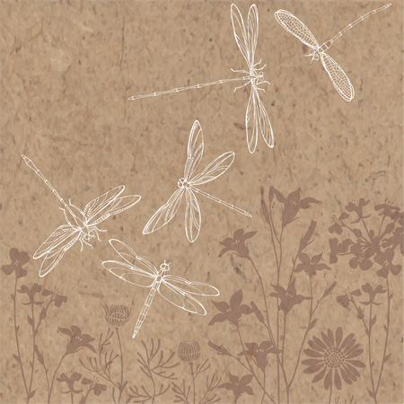 Summer background with silhouettes of meadow flowers and outline drawn by hand dragonflies on kraft paper. Vector illustration.のイラスト素材