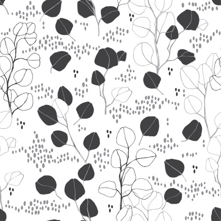 Seamless floral pattern with hand-drawn abstract plants on a white background. Monochrome background.のイラスト素材