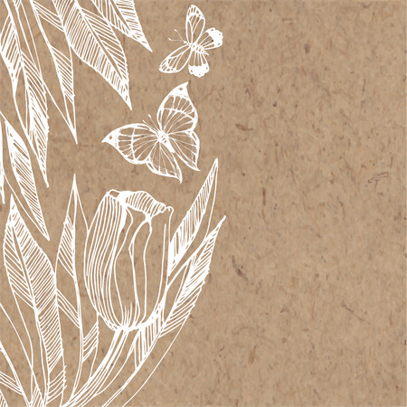 Floral background with hand-drawn tulip and butterflies. Vector illustration on a kraft paper with place for text. Invitation, greeting card or an element for your design.のイラスト素材