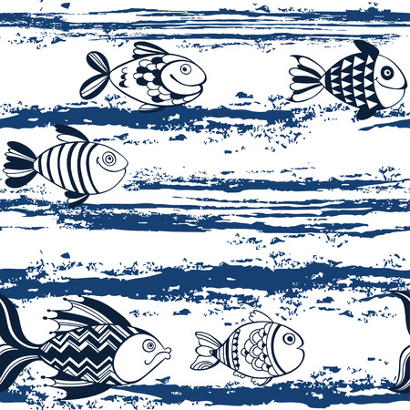 Seamless vector pattern with hand-drawn fish. Marine cartoon background.のイラスト素材