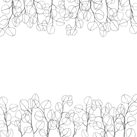 Floral background with hand-drawn branches of silver eucalyptus. Vector illustration with place for text on white background. Invitation, greeting card or an element for your design.のイラスト素材