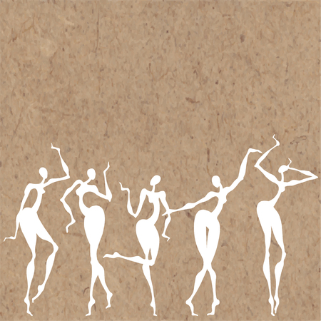 Five white dancing silhouettes on kraft paper. Vector illustration with place for text. Maybe an invitation, greeting card or design element.のイラスト素材
