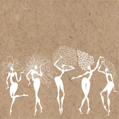 Girls-flowers. Vector illustration of five different variants of dancing girls: lily, chamomile, lilac, chrysanthemum, hydrangea on a kraft paper with place for text. Invitation, greeting card or an element for your design.のイラスト素材