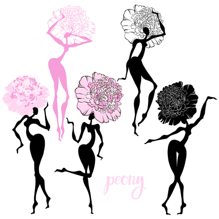 Peony. Girls-flowers. Vector illustration of five different variants of dancing girls-peony. Sketch, isolated elements for design.のイラスト素材