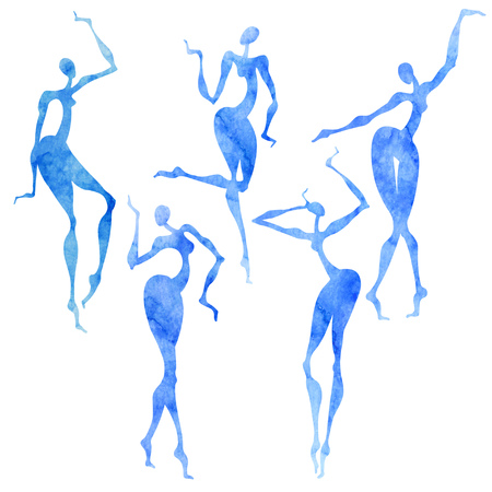 Blue watercolor silhouettes of dancing girls on a white background. Five isolated elements for design.のイラスト素材
