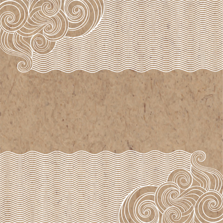 Marine background with hand-drawn waves on kraft paper. Vector illustration with space for text, can be used creating card or invitation card.のイラスト素材