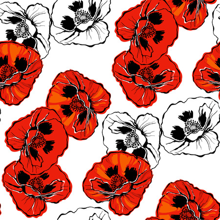 Seamless pattern with poppies. Hand-drawn floral background.のイラスト素材
