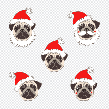 Pugs. Vector set of dog's face in Santa's hat. Five hand-drawn isolated elements. Dog - animal symbol of new year.のイラスト素材