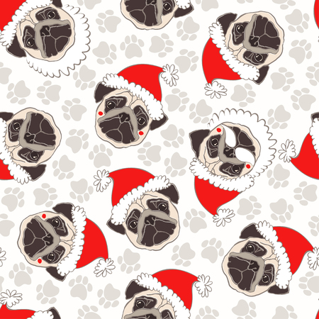 Vector seamless pattern with pug-dog in Santa's hat and traces. Dog - animal symbol of New Year.のイラスト素材