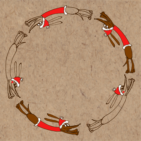 Running on the circle of dachshunds in the suit of Santa Claus. Festive vector illustration with place for text on kraft paper. Dog - animal symbol of new year.のイラスト素材