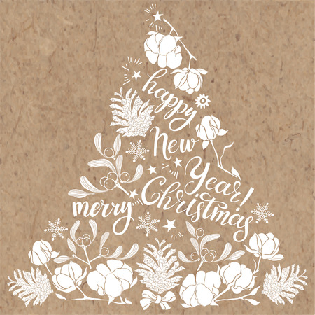 Xmas Decorations. Abstract monochrome Christmas Tree. Hand-drawn vector illustration on kraft background.のイラスト素材