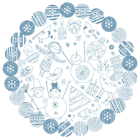 Christmas decor in a circle on a white background. Festive vector illustration. New Year's background.のイラスト素材