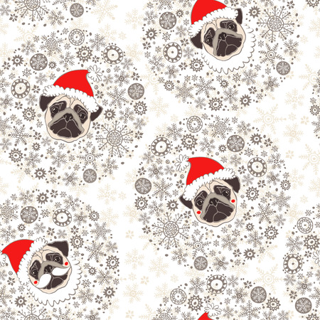 Seamless vector pattern with pugs dogs in Santa Claus hat. Dog - animal symbol of new year.のイラスト素材