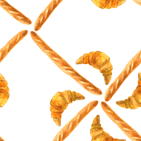 Seamless watercolor pattern with French baguettes and croissants.の写真素材
