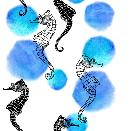 Seamless background with seahorses and round watercolor elements.の写真素材