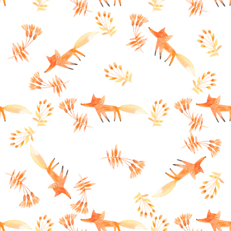 Seamless pattern with watercolor cartoon foxes and flowers on a white background.の写真素材
