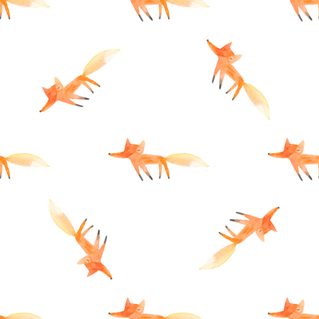 Seamless pattern with watercolor cartoon foxes on a white background.の写真素材