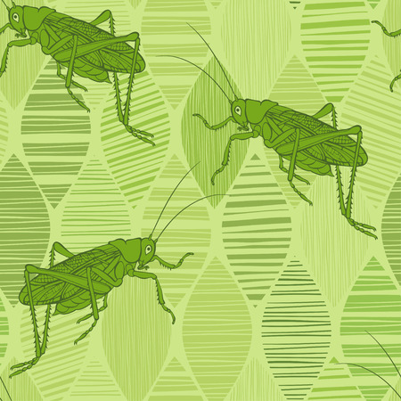 Grasshoppers on green leaves. Seamless vector pattern. Hand-drawn art nature background.のイラスト素材