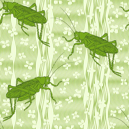 Grasshoppers on green grass and flowers. Seamless vector pattern. Hand-drawn art nature background.のイラスト素材