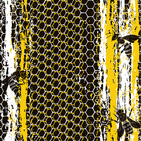 Honeycomb, bees and texture strips. Seamless pattern. Hand-drawn vector illustration. Nature abstract background.のイラスト素材