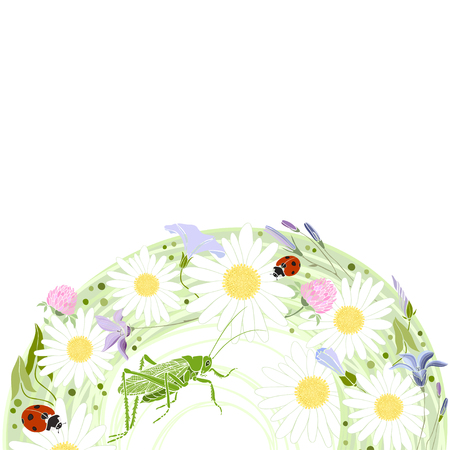 Floral background with ladybirds, grasshopper and place for text. Vector illustration. Invitation, greeting card or an element for your design.のイラスト素材