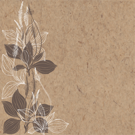 Floral background with plantain on kraft paper. Vector illustration with place for text. Greeting card, invitation or isolated elements for design.のイラスト素材